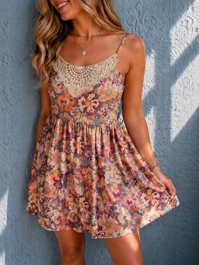 Tulle Floral Lace Babydoll Mini Dress M Boho Western Cottagecore Pink Purple